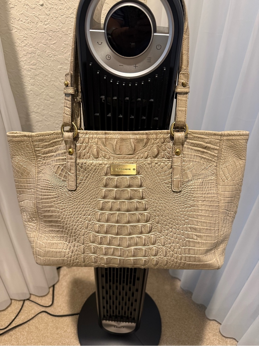 Brahmin Neutral Croc-Embossed Leather Tote with Gold Hardware